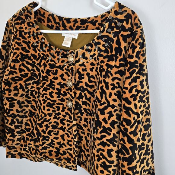 Velvet Cropped Jacket Leopard Print 3-Button Monroe & Main LARGE Orange Black - Picture 1 of 10